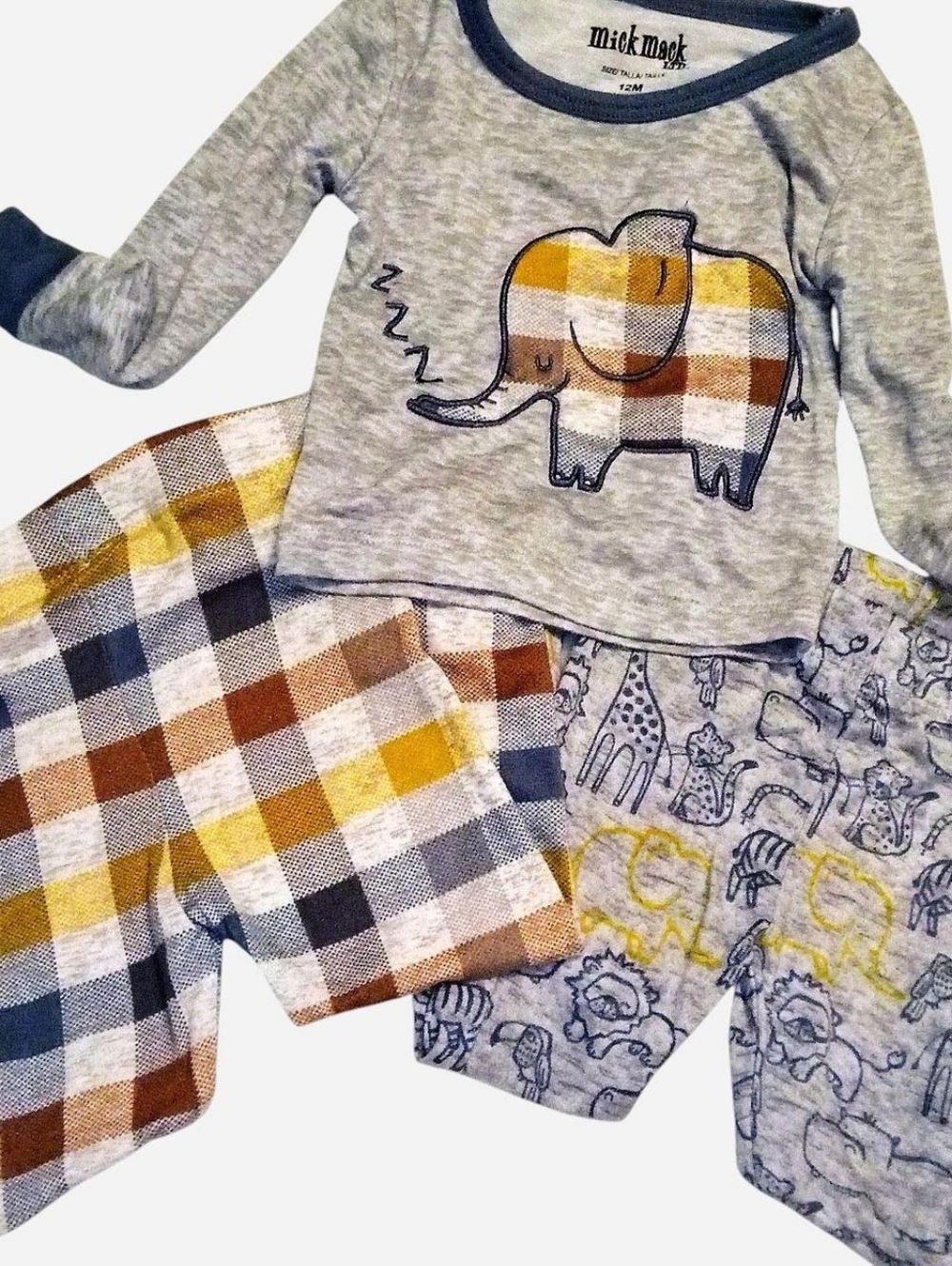 Mick Mack Gray Elephant Plaid Kids Pajama Set - Yellow & Brown